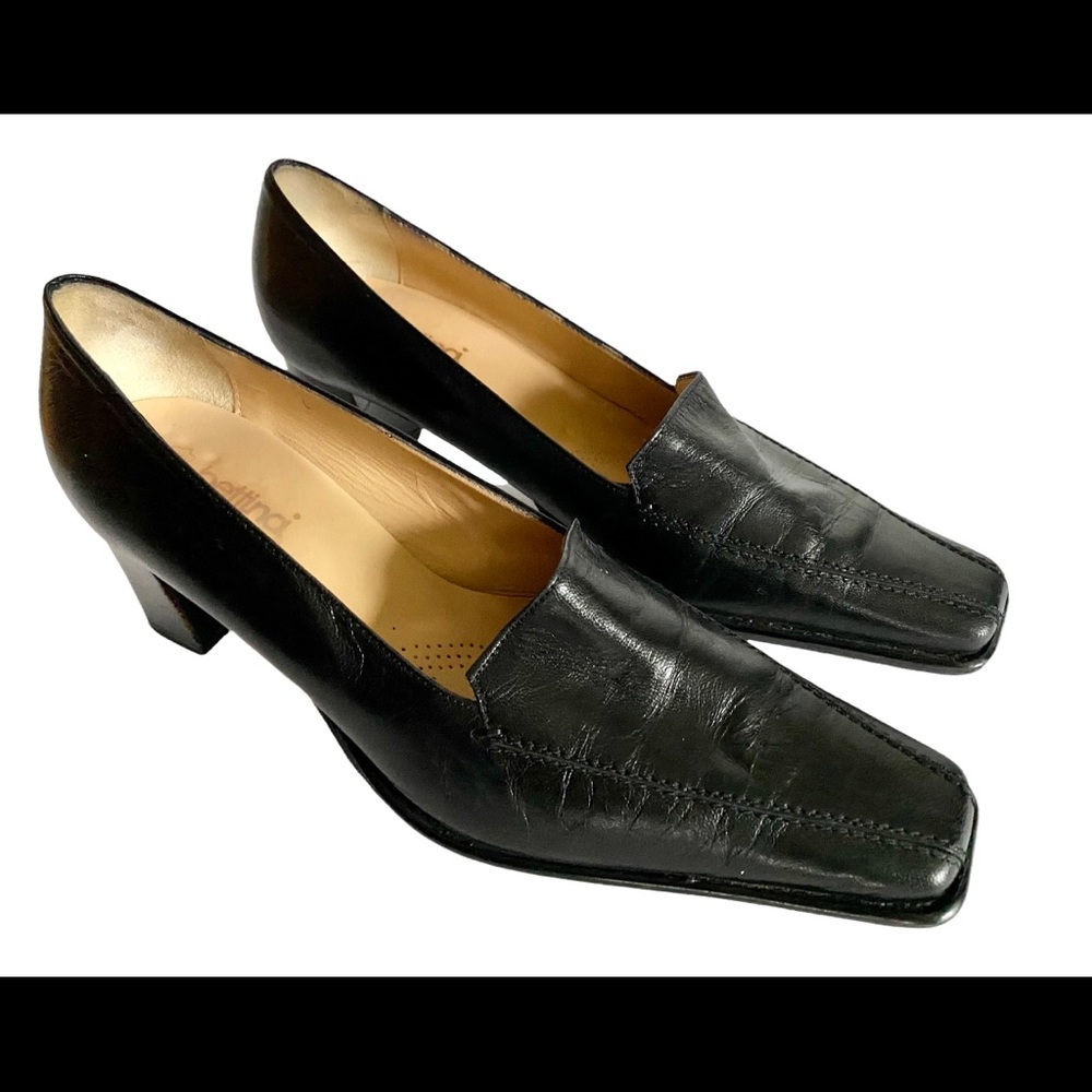 Black Square Toe Block Heels Sz 40 Vera Pelle Bettina Leather Made in Italy VGC